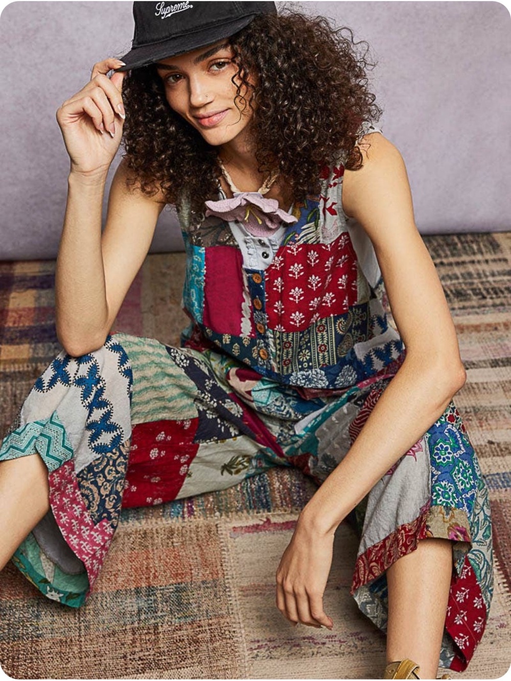 New: POL Boho Mixed Patchwork Lightweight Cropped Wide Leg Jumpsuit• Medium - Picture 2 of 9